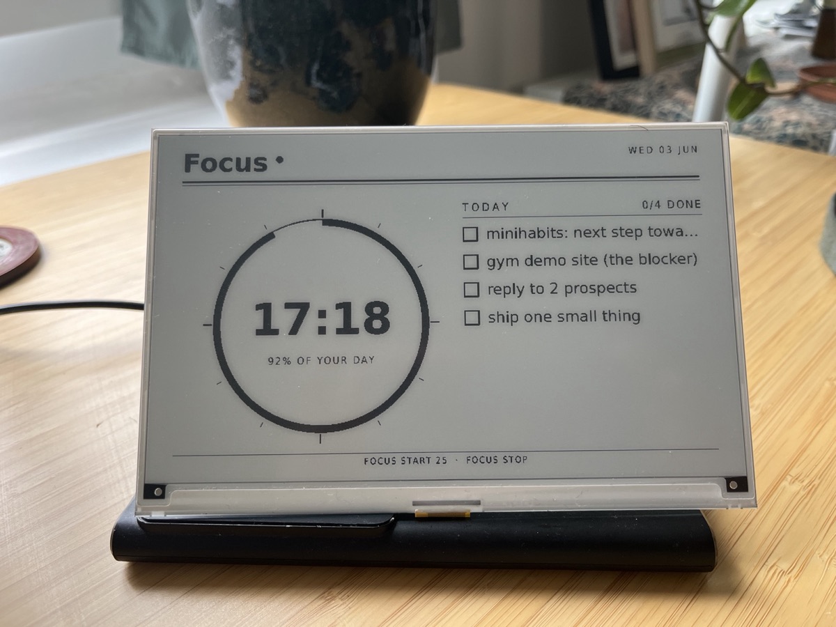 A QuietDash panel on a desk showing a Focus dashboard: a pomodoro ring at 17:18, 92% of the day gone, and four things to do today.