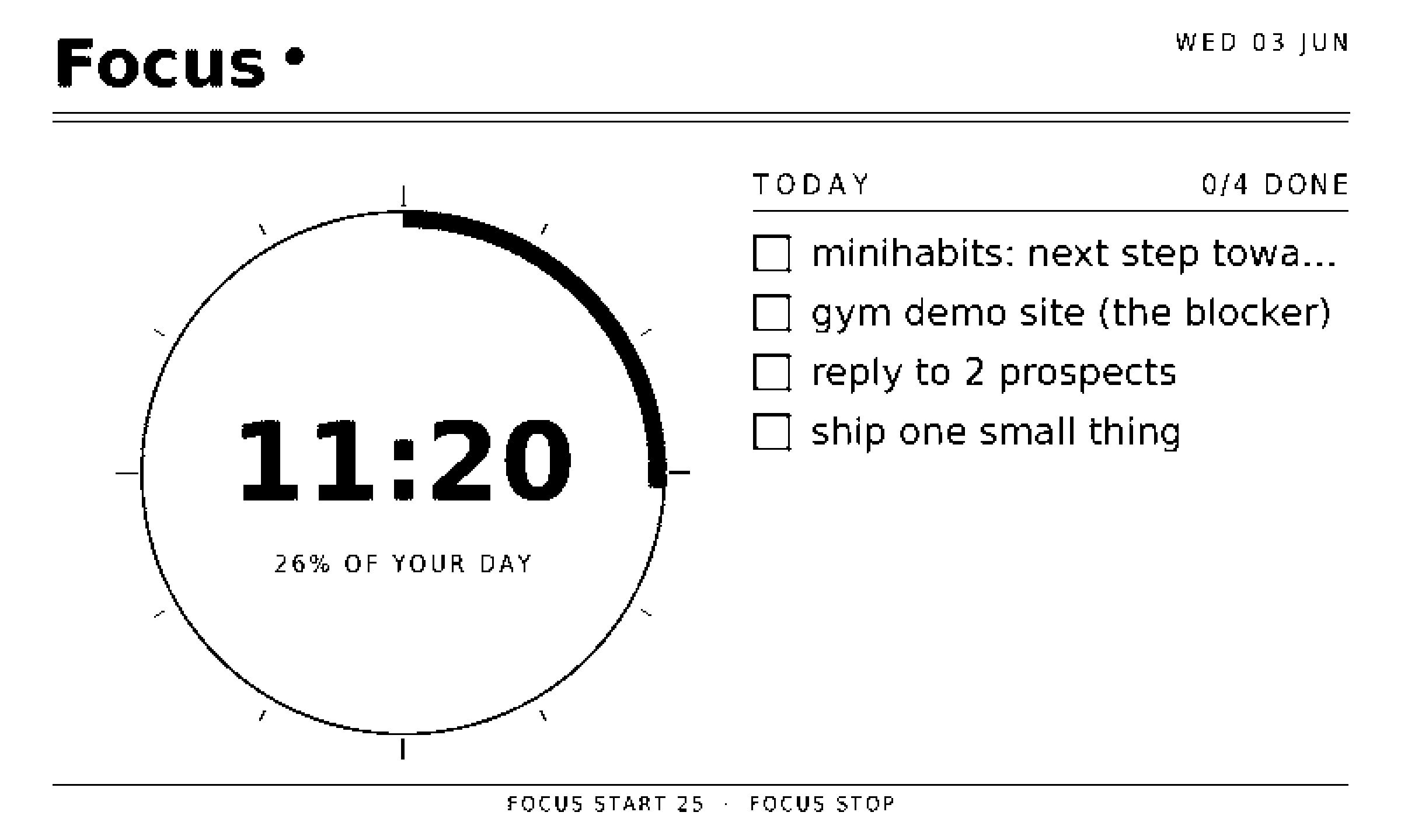 The QuietDash panel on a desk, showing a calm workday dashboard.
