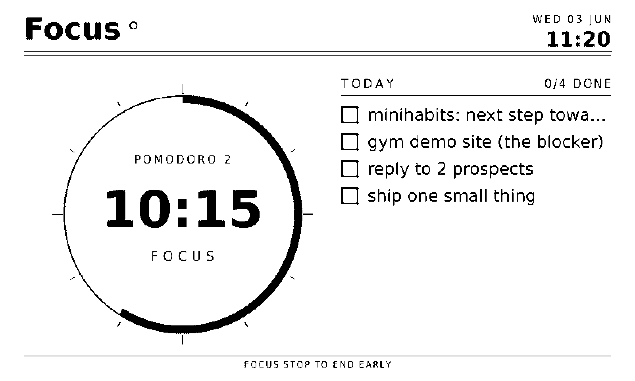 A focus session screen: a large sweeping ring counting down a 25-minute pomodoro, with the time remaining in the center and the day’s tasks beside it.